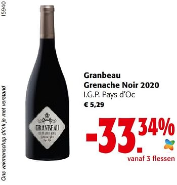 Promoties Granbeau grenache noir 2020 i.g.p. pays d’oc - Rode wijnen - Geldig van 27/07/2022 tot 09/08/2022 bij Colruyt