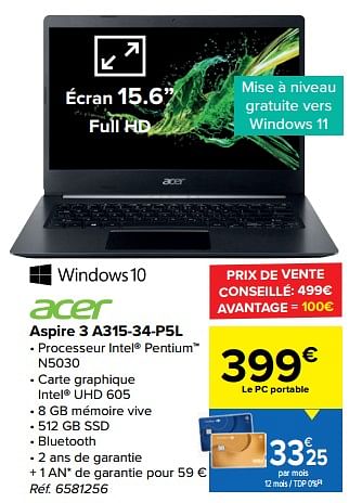 Promotions Acer aspire 3 a315-34-p5l - Acer - Valide de 27/07/2022 à 05/09/2022 chez Carrefour