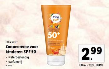 Promoties Zonnecrème voor kinderen spf 50 - Cien sun - Geldig van 08/08/2022 tot 13/08/2022 bij Lidl