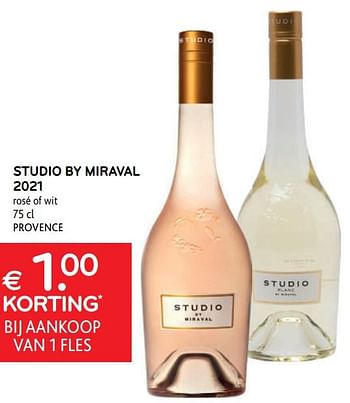 Promoties Studio by miraval 2021 rosé of wit € 1.00 korting bij aankoop van 1 fles - Rosé wijnen - Geldig van 10/08/2022 tot 23/08/2022 bij Alvo