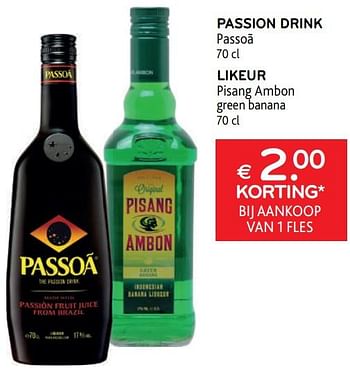 Promoties Passion drink passoã + likeur pisang ambon € 2.00 korting bij aankoop van 1 fles - Huismerk - Alvo - Geldig van 10/08/2022 tot 23/08/2022 bij Alvo