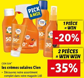 Promotions Cien sun les crèmes solaires cien 1 pièce = win -20% 2 pièces = win win -35% - Cien sun - Valide de 08/08/2022 à 13/08/2022 chez Lidl