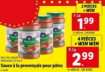 Promotions Sauce à la provençale pour pâtes - Duc De Coeur - Valide de 08/08/2022 à 13/08/2022 chez Lidl