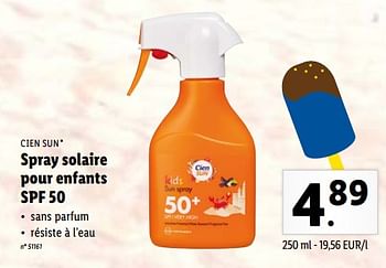 Promotions Spray solaire pour enfants spf 50 - Cien sun - Valide de 08/08/2022 à 13/08/2022 chez Lidl