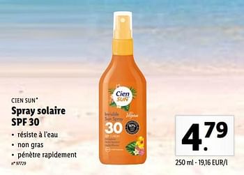 Promoties Spray solaire spf 30 - Cien sun - Geldig van 08/08/2022 tot 13/08/2022 bij Lidl