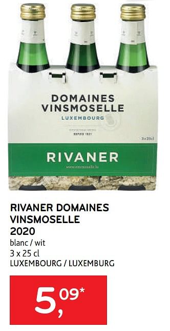 Promotions Rivaner domaines vinsmoselle 2020 blanc - Vins blancs - Valide de 10/08/2022 à 23/08/2022 chez Alvo