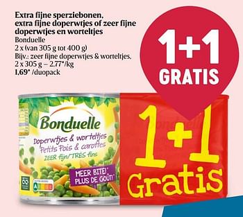 Promotions Zeer fijne doperwtjes + worteltjes - Bonduelle - Valide de 04/08/2022 à 10/08/2022 chez Delhaize