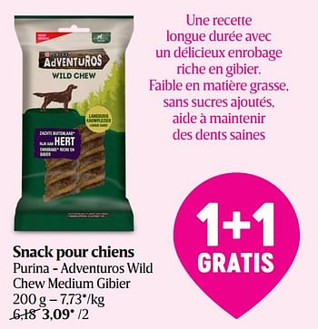 Promoties Snack pour chiens purina - adventuros wild chew medium gibier - Purina - Geldig van 04/08/2022 tot 10/08/2022 bij Delhaize