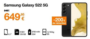 Promotions Samsung galaxy s22 5g - Samsung - Valide de 01/08/2022 à 15/08/2022 chez Orange