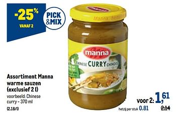 Promoties Manna warme sauzen chinese curry - Manna - Geldig van 10/08/2022 tot 23/08/2022 bij Makro