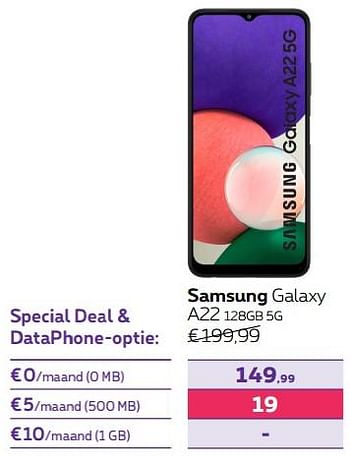 Promoties Samsung galaxy a22 128gb 5g - Samsung - Geldig van 01/08/2022 tot 31/08/2022 bij Proximus
