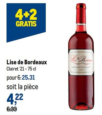 Promotions Lise de bordeaux clairet - Vins rosé - Valide de 10/08/2022 à 23/08/2022 chez Makro
