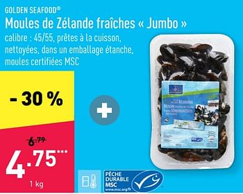 Promotions Moules de zélande fraîches jumbo - Golden Seafood - Valide de 08/08/2022 à 19/08/2022 chez Aldi