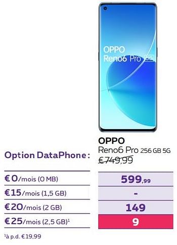 Promotions Oppo reno6 pro 256 gb 5g - Oppo - Valide de 01/08/2022 à 31/08/2022 chez Proximus