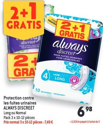 Promotions Protection contre les fuites urinaires always discreet - Always - Valide de 03/08/2022 à 15/09/2022 chez Louis Delhaize