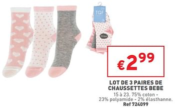 Promoties Lot de 3 paires de chaussettes bebe - TQF - Geldig van 10/08/2022 tot 14/08/2022 bij Trafic