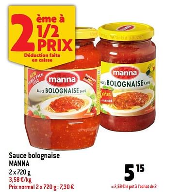 Promotions Sauce bolognaise manna - Manna - Valide de 10/08/2022 à 16/08/2022 chez Match
