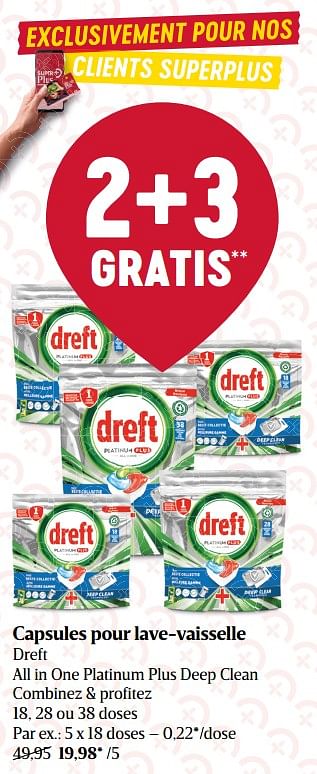 Promoties Capsules pour lave-vaisselle dreft all in one platinum plus deep clean - Dreft - Geldig van 12/08/2022 tot 17/08/2022 bij Delhaize
