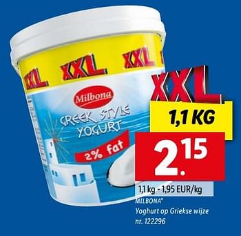 Promoties Yoghurt op griekse wijze - Milbona - Geldig van 16/08/2022 tot 20/08/2022 bij Lidl