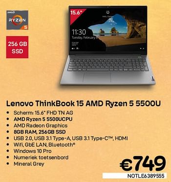 Promoties Lenovo thinkbook 15 amd ryzen 5 5500u - Lenovo - Geldig van 03/08/2022 tot 31/08/2022 bij Compudeals