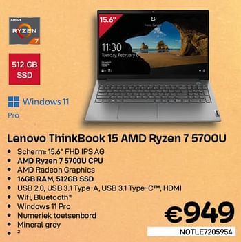 Promoties Lenovo thinkbook 15 amd ryzen 7 5700u - Lenovo - Geldig van 03/08/2022 tot 31/08/2022 bij Compudeals
