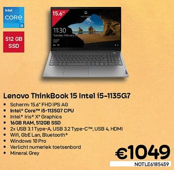 Promoties Lenovo thinkbook 15 intel i5-1135g7 - Lenovo - Geldig van 03/08/2022 tot 31/08/2022 bij Compudeals