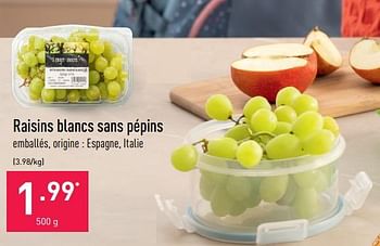 Promoties Raisins blancs sans pépins - Huismerk - Aldi - Geldig van 15/08/2022 tot 26/08/2022 bij Aldi