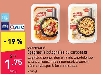 Promotions Spaghettis bolognaise ou carbonara - CASA MORANDO  - Valide de 15/08/2022 à 26/08/2022 chez Aldi