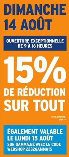 Promotions 15% de réduction sur tout - Produit maison - Gamma - Valide de 10/08/2022 à 22/08/2022 chez Gamma