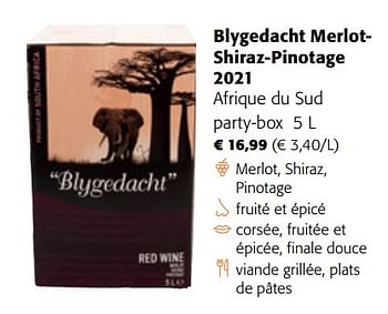 Promotions Blygedacht merlotshiraz-pinotage 2021 afrique du sud - Vins rouges - Valide de 10/08/2022 à 23/08/2022 chez Colruyt