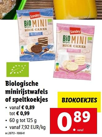 Promoties Biologische minirijstwafels of speltkoekjes - Sondey - Geldig van 22/08/2022 tot 27/08/2022 bij Lidl