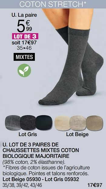 Promotions Lot de 3 paires de chaussettes mixtes coton biologique majoritaire - Produit Maison - Damart - Valide de 01/08/2022 à 15/12/2022 chez Damart