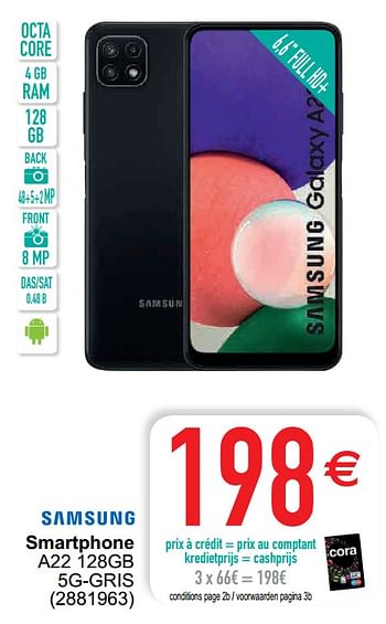Promoties Samsung smartphone a22 128gb 5g-gris - Samsung - Geldig van 16/08/2022 tot 05/09/2022 bij Cora
