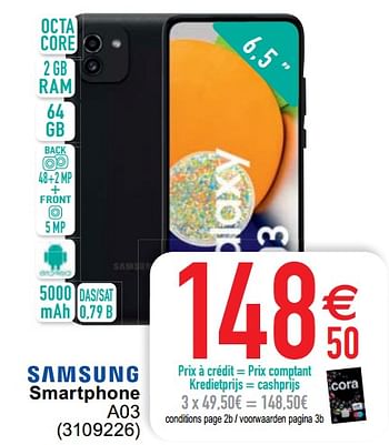 Promoties Samsung smartphone a03 - Samsung - Geldig van 16/08/2022 tot 29/08/2022 bij Cora