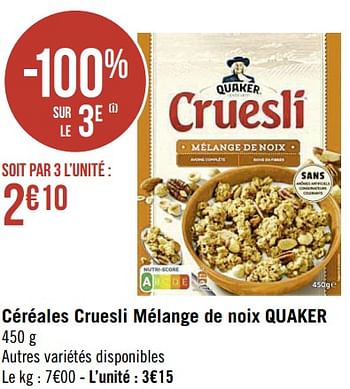 Promotions Céréales cruesli mélange de noix quaker - Quaker - Valide de 15/08/2022 à 28/08/2022 chez Super Casino