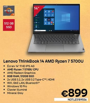 Promotions Lenovo thinkbook 14 amd ryzen 7 5700u - Lenovo - Valide de 03/08/2022 à 31/08/2022 chez Compudeals