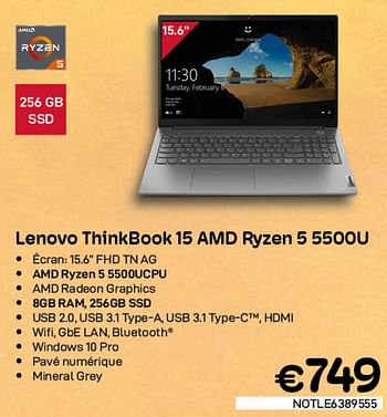 Promotions Lenovo thinkbook 15 amd ryzen 5 5500u - Lenovo - Valide de 03/08/2022 à 31/08/2022 chez Compudeals