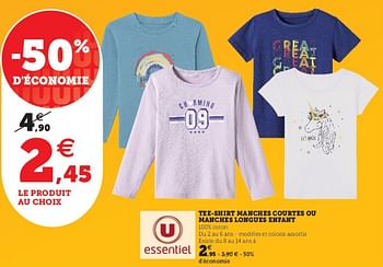 Promotions Tee-shirt manches courtes ou manches longues enfant - Produit Maison - Super U - Valide de 09/08/2022 à 27/08/2022 chez Super U