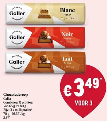 Promotions Chocoladereep galler melk praliné - Galler - Valide de 18/08/2022 à 24/08/2022 chez Delhaize