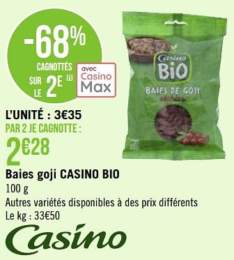Promotions Baies goji casino bio - Produit Maison - Géant Casino - Valide de 29/08/2022 à 11/09/2022 chez Géant Casino