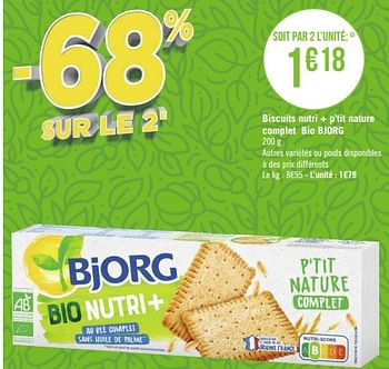Promotions Biscuits nutri + p’tit nature complet bio bjorg - Bjorg - Valide de 29/08/2022 à 11/09/2022 chez Géant Casino