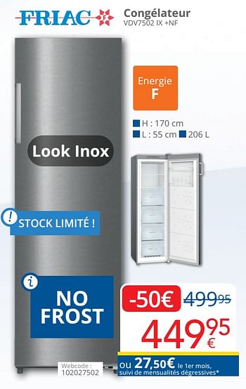 Promoties Friac congélateur vdv7502 ix +nf - Friac - Geldig van 01/09/2022 tot 30/09/2022 bij Eldi