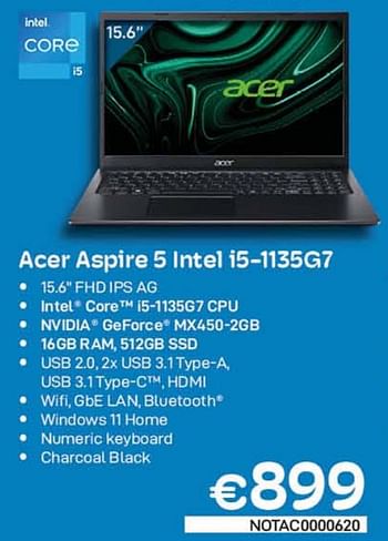 Promoties Acer aspire 5 intel i5-1135g7 - Acer - Geldig van 01/09/2022 tot 30/09/2022 bij Compudeals