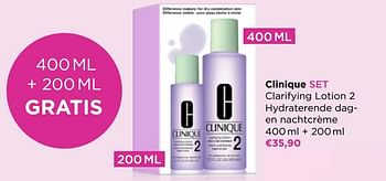 Promoties Clinique set clarifying lotion 2 hydraterende dagen nachtcrème - CLINIQUE - Geldig van 05/09/2022 tot 18/09/2022 bij ICI PARIS XL