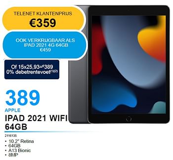 Promoties Apple ipad 2021 wifi 64gb - Apple - Geldig van 06/09/2022 tot 30/09/2022 bij Auva