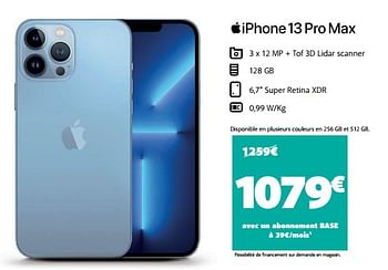 Promotions Apple iphone 13 pro max - Apple - Valide de 06/09/2022 à 07/09/2022 chez Base