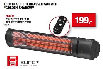 Promoties Eurom elektrische terrasverwarmer golden shadow 2500 w - Eurom - Geldig van 09/09/2022 tot 16/09/2022 bij Hubo