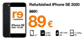 Promotions Apple refurbished iphone se 2020 - Apple - Valide de 12/09/2022 à 02/10/2022 chez Orange