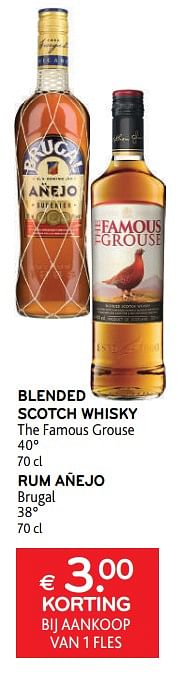 Promoties Blended scotch whisky the famous grouse + rum añejo brugal € 3.00 korting bij aankoop van 1 fles - Huismerk - Alvo - Geldig van 21/09/2022 tot 04/10/2022 bij Alvo