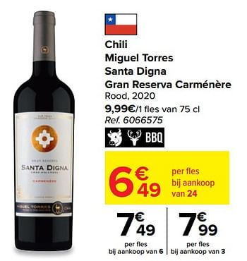 Promoties Chili miguel torres santa digna gran reserva carménère rood, 2020 - Rode wijnen - Geldig van 14/09/2022 tot 03/10/2022 bij Carrefour